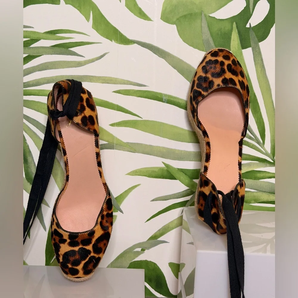 NEW J. Crew Leopard Print Espadrille Wedges with Black Ties